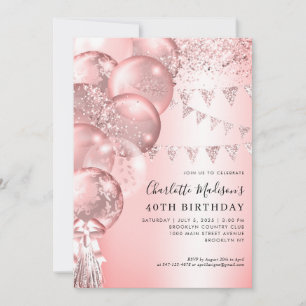Invitación Purpurina de oro Rosa Rosa Balón cualquier cumplea