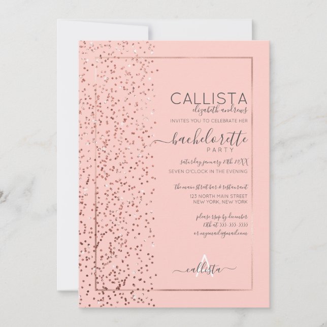 Invitación Purpurina de oro rosa rosa Confetti Side Bachelore (Anverso)