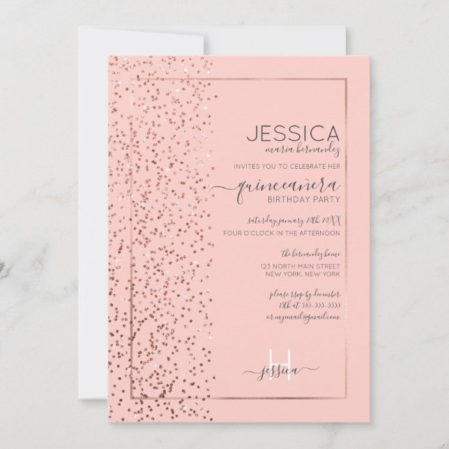 Invitación Purpurina de oro rosa rosa Confetti Side Quinceañe (Anverso)