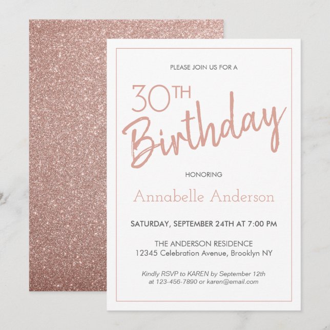Invitación Purpurina de oro rosa rosa moderno 30 cumpleaños (Anverso / Reverso)