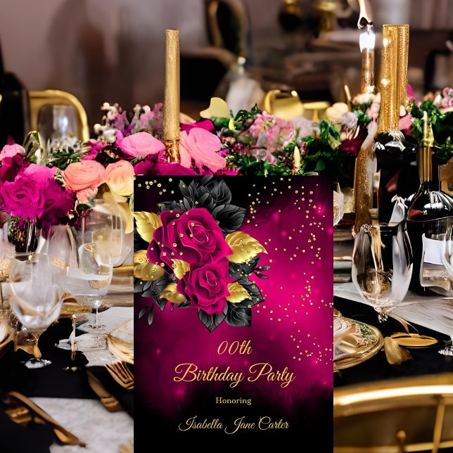 Invitación Purpurina de oro rosa rosa rosa floral de cumpleañ (Subido por el creador)