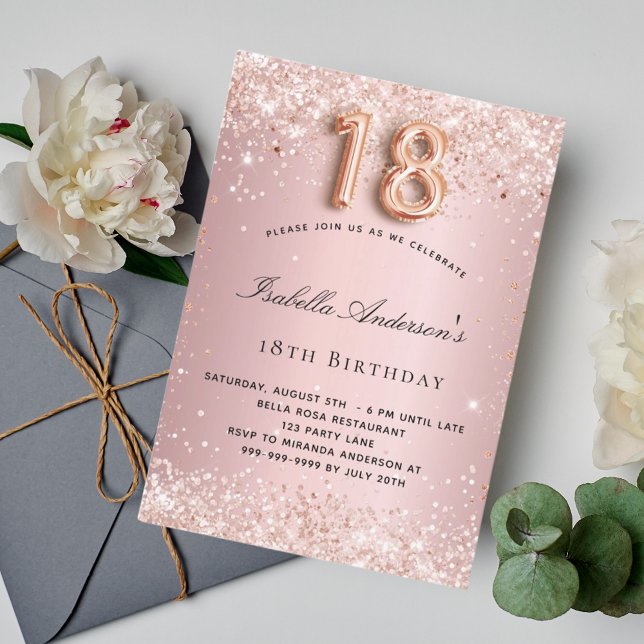 Invitación purpurina de oro rosa rosa rosa rosado de 18 años (Subido por el creador)