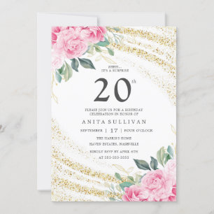 Invitación Purpurina de oro Rosa Rosa Rosa Veinte cumpleaños