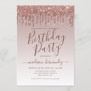Invitación Purpurina de oro Rosa Rosa Rosado con perforación 
