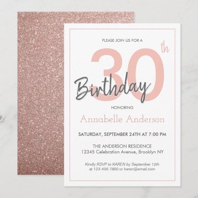 Invitación Purpurina de oro rosa rosa rosado moderno 30 cumpl (Anverso / Reverso)