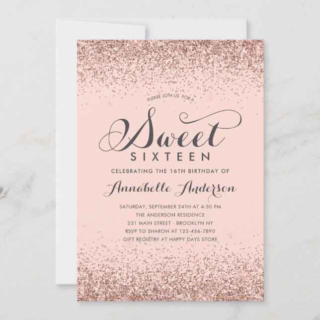 Invitación Purpurina de oro Rosa Rosa Sparkle Sweet 16 Cumple (Anverso)