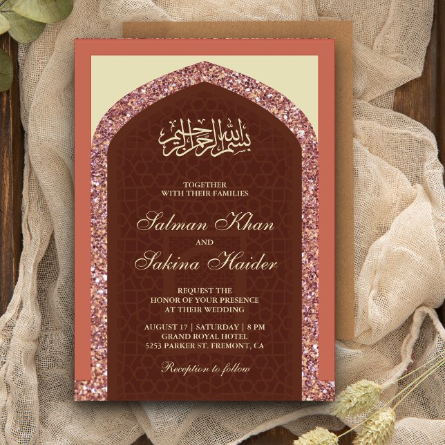Invitación Purpurina de oro rosa rosado, Mihrab, Boda musulma (Subido por el creador)