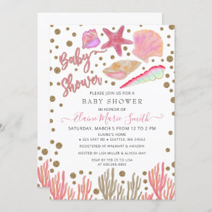 Invitación Purpurina de oro rosa Seashells Sea Beach Baby Sho