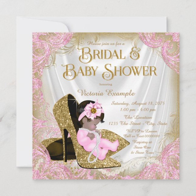 Invitación Purpurina de Oro Rosa Shoe Pearl Bridal Baby Showe (Anverso)