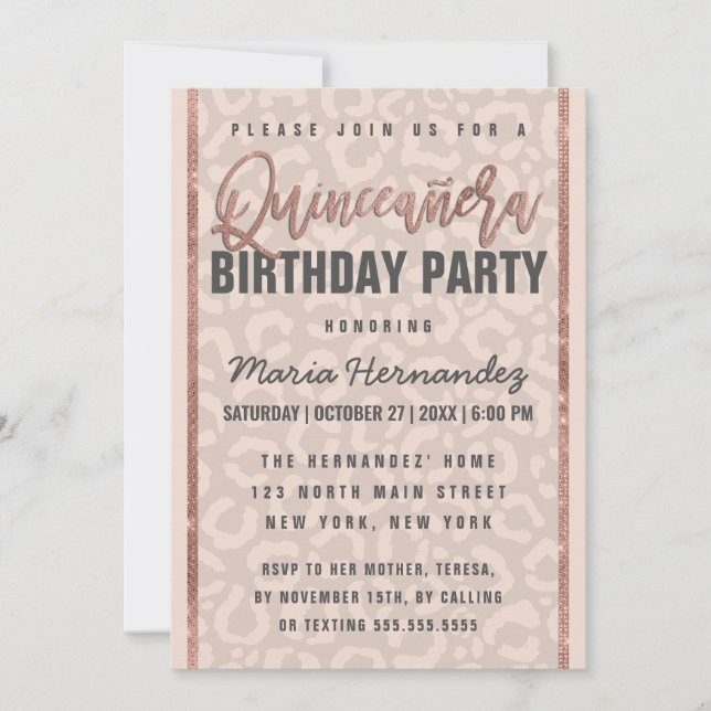 Invitación Purpurina de oro Rosa Taupe Cheetah Quinceañera (Anverso)