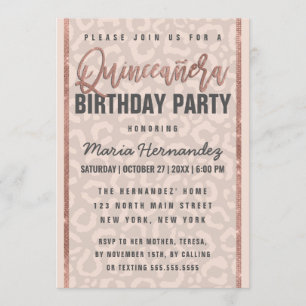 Invitación Purpurina de oro Rosa Taupe Cheetah Quinceañera