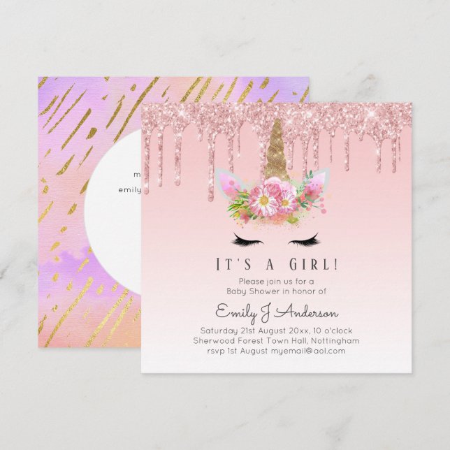 Invitación Purpurina de Oro Rosa Unicorn Baby Shower (Anverso / Reverso)