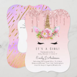 Invitación Purpurina de Oro Rosa Unicorn Baby Shower