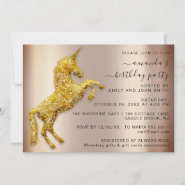 Invitación Purpurina de oro Rosa Unicorn Horse Birthday