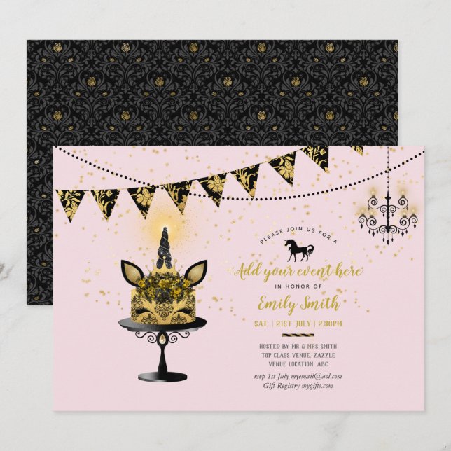 Invitación Purpurina de oro rosa unicornio dulce16 Quinceaner (Anverso / Reverso)
