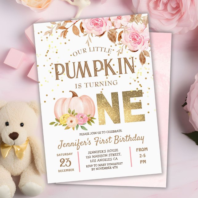Invitación Purpurina de Oro Rosado Calabaza Chica Floral Prim (Subido por el creador)