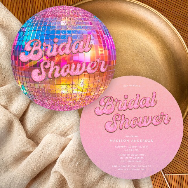 Invitación Purpurina de oro rosado caliente Disco Ball Bridal (Subido por el creador)