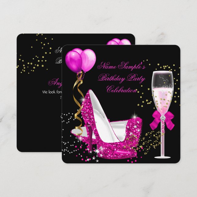 Invitación Purpurina de oro rosado caliente fiesta de cumplea (Anverso / Reverso)