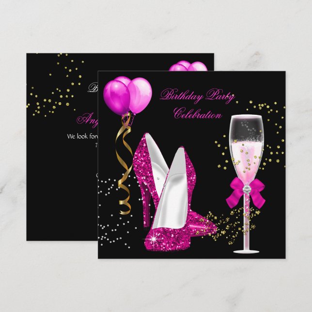 Invitación Purpurina de oro rosado caliente fiesta de cumplea (Anverso / Reverso)