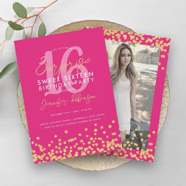 Invitación Purpurina de oro rosado caliente foto sorpresa dul (Hot Pink Gold Glitter Photo Surprise Sweet 16 Invitation)