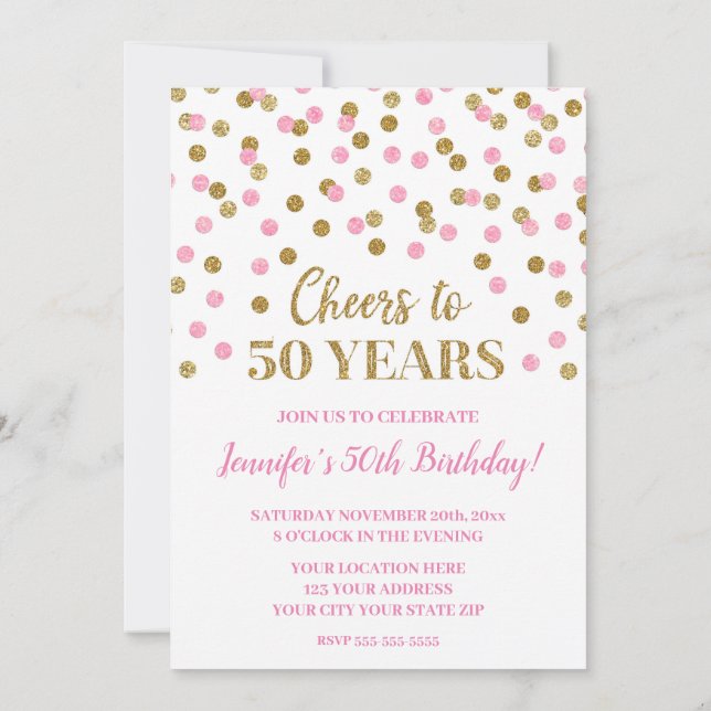 Invitación Purpurina de oro rosado celebra 50 años (Reverso)