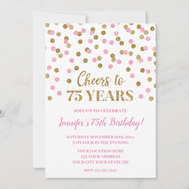 Invitación Purpurina de oro rosado celebra hasta 75 años (Reverso)