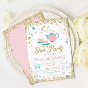 Invitación Purpurina de oro rosado Chicas Fiestas de té Cumpl