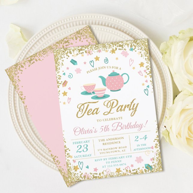 Invitación Purpurina de oro rosado Chicas Fiestas de té Cumpl (Subido por el creador)