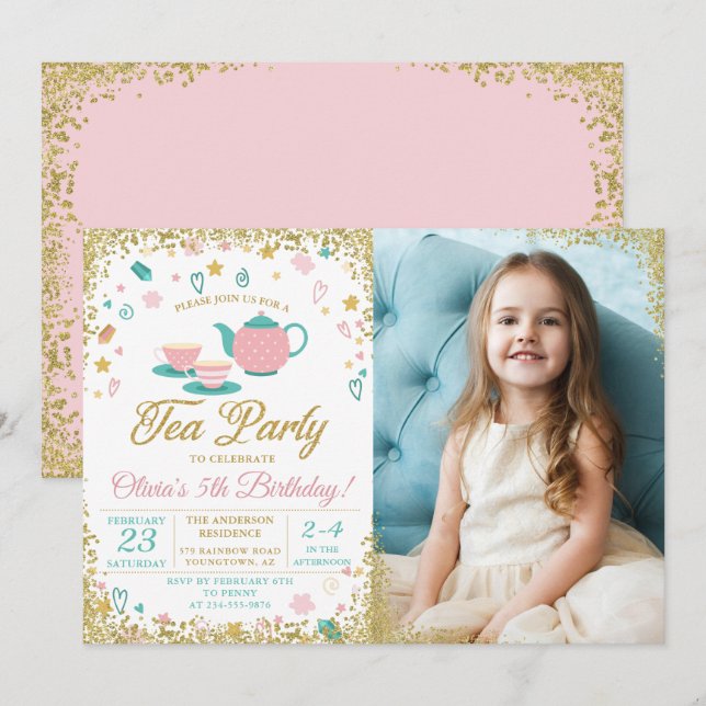Invitación Purpurina de oro rosado, Chicas Fiestas de té, fot (Anverso / Reverso)