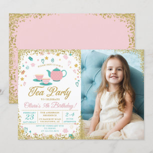 Invitación Purpurina de oro rosado, Chicas Fiestas de té, fot