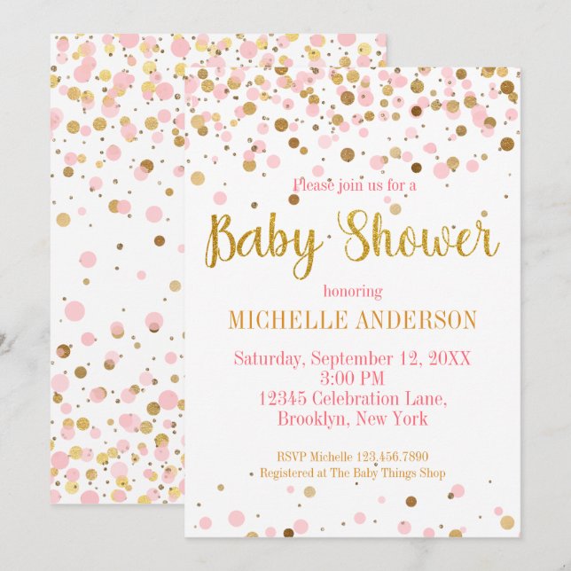 Invitación Purpurina de oro rosado Confetti Baby Shower moder (Anverso / Reverso)