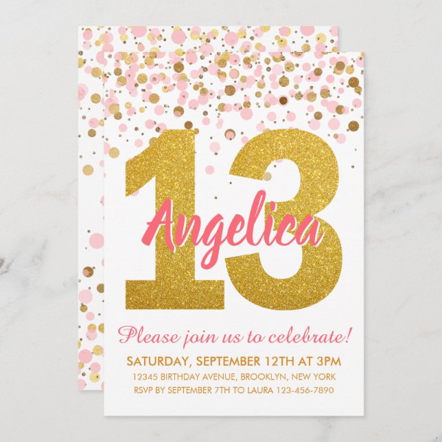 Invitación Purpurina de oro rosado Confetti Chica 13 cumpleañ (Anverso / Reverso)