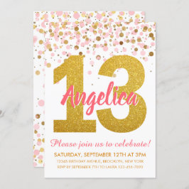 Invitación Purpurina de oro rosado Confetti Chica 13 cumpleañ