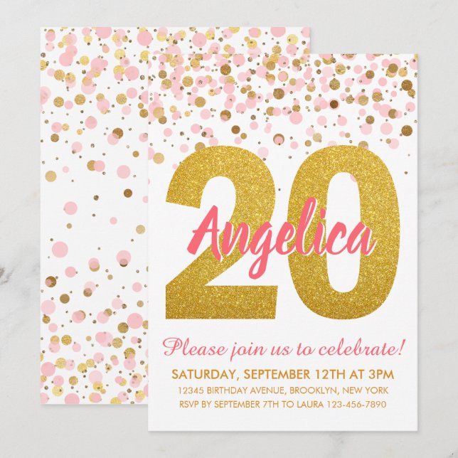 Invitación Purpurina de oro rosado de moda Confetti Chica 20  (Anverso / Reverso)