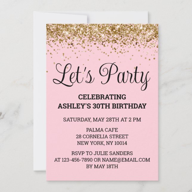 Invitación Purpurina de oro rosado de Rubor 30 cumpleaños Fie (Anverso)