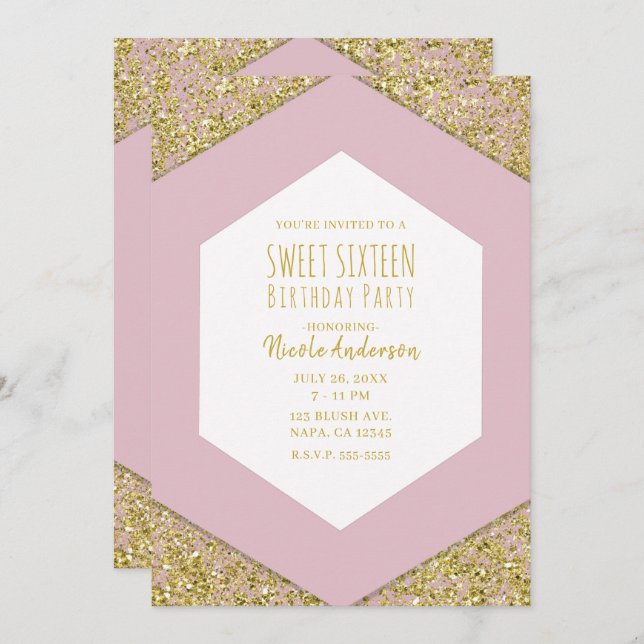 Invitación Purpurina de oro rosado de Rubor: Glam Sweet 16 Fi (Anverso / Reverso)