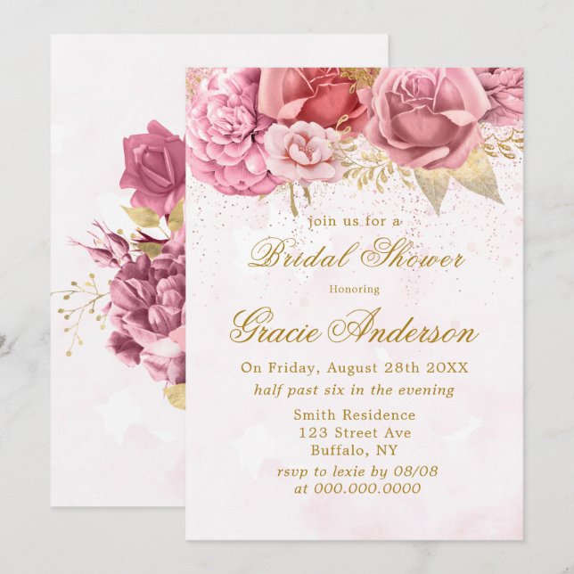 Invitación Purpurina de oro rosado de Rubor Peony Bridal Show (Anverso / Reverso)
