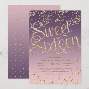 Invitación Purpurina de oro rosado dulce dieciséis