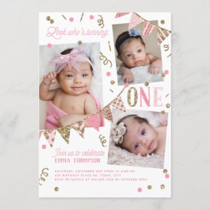 Invitación Purpurina de oro rosado Primer cumpleaños 3 Collag