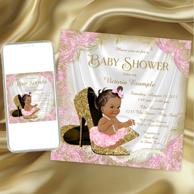 Invitación Purpurina de oro rosado Shol Pearl Ethnic Baby Sho (Pink gold high heel shoe baby shower invitation. Download and printed invitations available.)