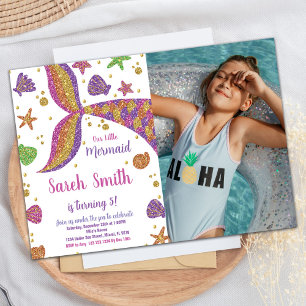 Invitación Purpurina de oro rosado Sirena de cola Cumpleaños