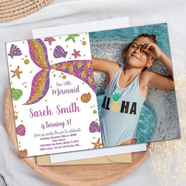 Invitación Purpurina de oro rosado Sirena de cola Cumpleaños  (Pink Gold Glitter Mermaid Tail Birthday w Photo Invitation)
