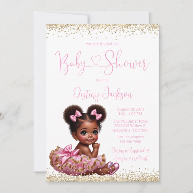 Invitación Purpurina de oro rosado Tutu Chica africano Baby S (Anverso)