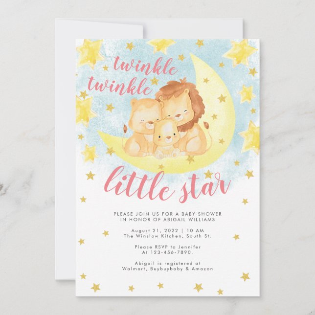Invitación Purpurina de oro rosado Twinkle Little Star Baby S (Anverso)