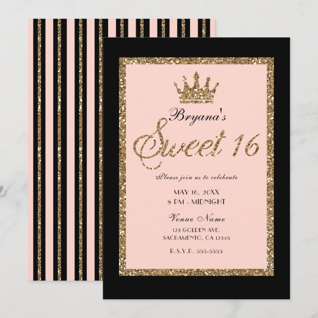 Invitación Purpurina de oro rosado y dulce negro 16 Princesa  (Anverso / Reverso)