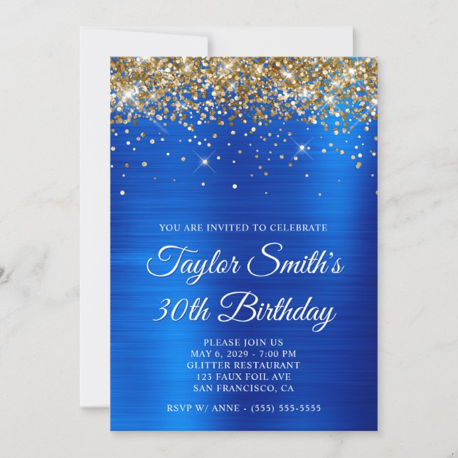 Invitación Purpurina de oro Royal Blue 30 cumpleaños (Anverso)