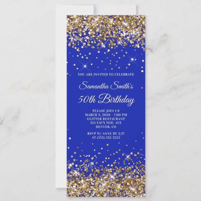 Invitación Purpurina de oro Royal Blue 50 cumpleaños (Anverso)