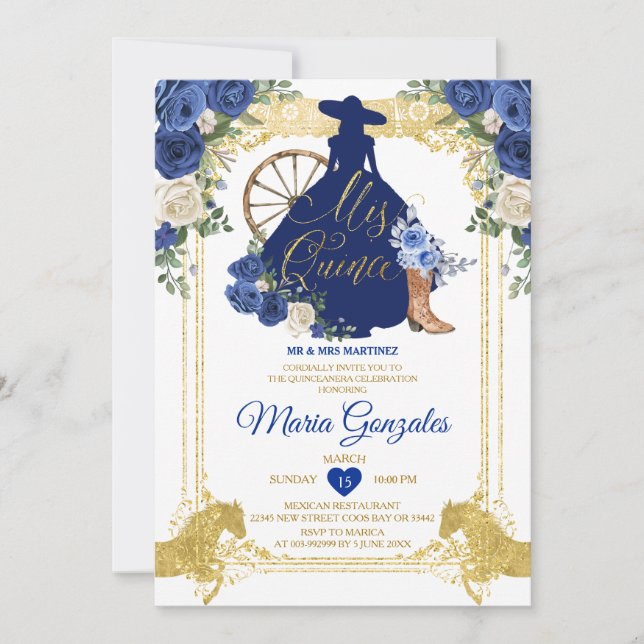 Invitación Purpurina de oro Royal Blue Mis Quince 15 Anos (Anverso)
