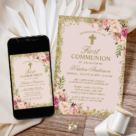 Invitación Purpurina de oro Rubor Comunión floral rosa