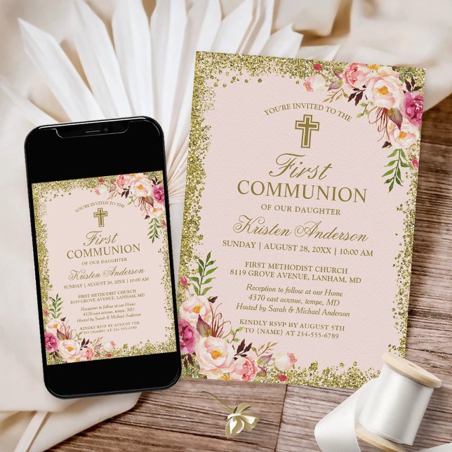 Invitación Purpurina de oro Rubor Comunión floral rosa (Subido por el creador)